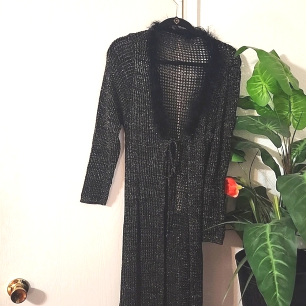 Black & Gold Feather-Collar Duster / Mesh Sweater, XL